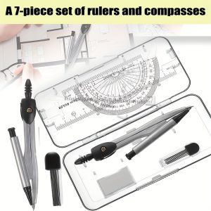 TEMU 7pcs, -piece Compass Set, Compass For Geometry Mathematics Geometry Kit 7pcs- Student Supplies Drawing Compass, Protractor, Ruler, Pencil Lead,