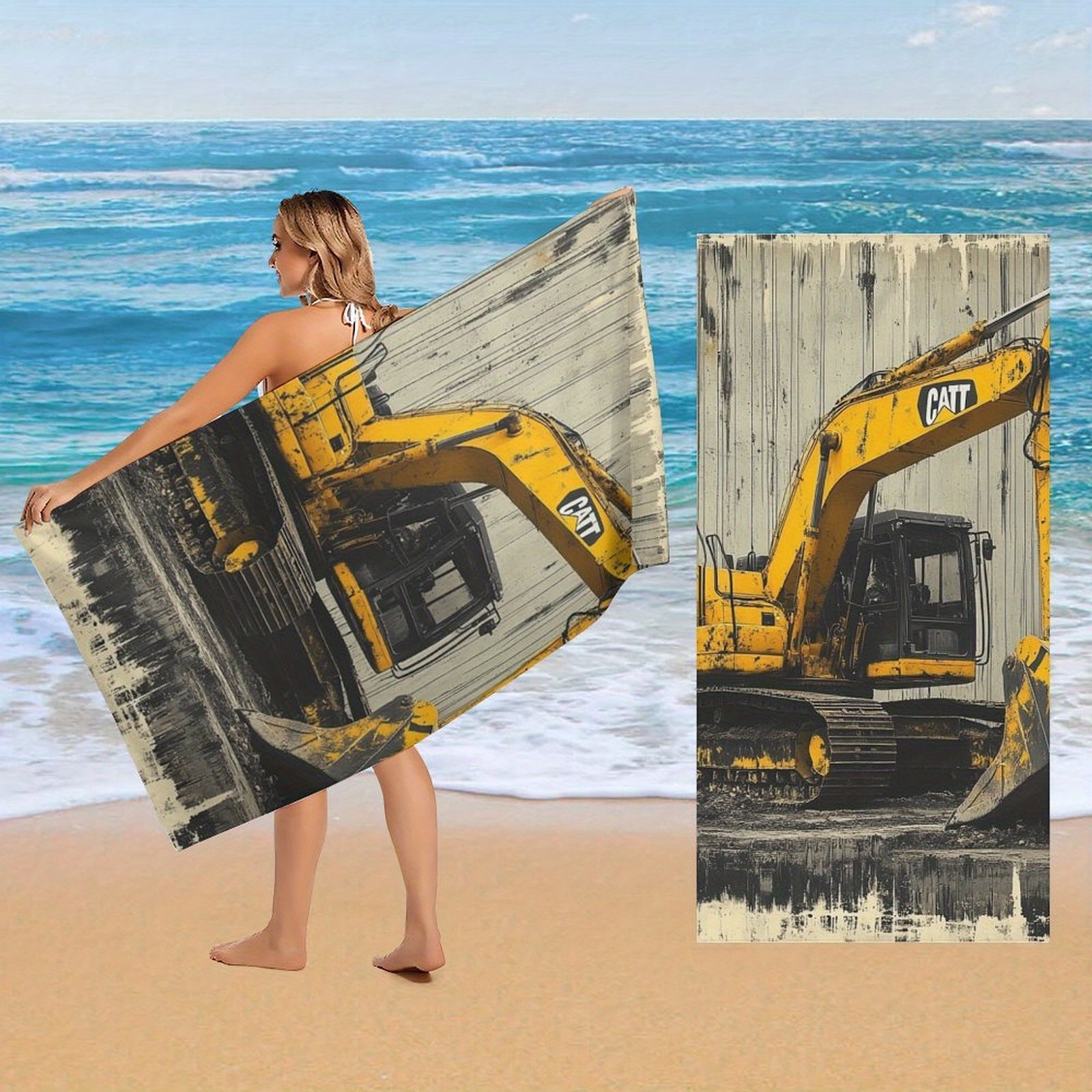 TEMU For Caterpillar Excavator Designed Beach Towel Large Towel, Super Absorbent, Quick-dry, Lightweight Sport Towel Bath Towel, Fashionable Beach
