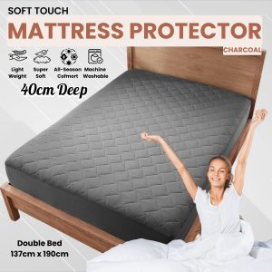 TEMU Quilted Mattress Protector Charcoal | Deep Fitted Mattress Cover With Elastic Corners | Soft Quilted Mattress Protector For Single, Double, King