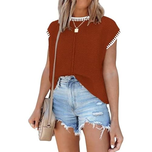 Womens Cap Sleeve Sweater Vest Waffle Knit Sweater Shirts Business Casual Tops Crochet Basic Sleeveless Outfits