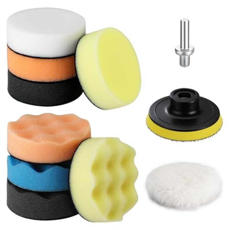 WORKPRO 3 Inch Drill Buffing Pad Kit – 11 Pcs Car Foam Polishing Pads Set, Drill Buffer Polisher Attachment Buffing Kit for Car Polishing, Waxing, Sea