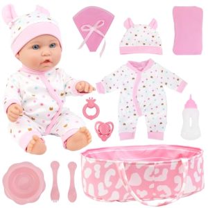 ZITA ELEMENT 12 Inch Baby Doll with Accessories for Baby Doll Reborn Includes Carrier Bassinet Bed, Pacifier, Blanket, Pillow, Feeding Set, New Born D