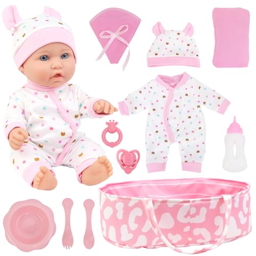 ZITA ELEMENT 12 Inch Baby Doll with Accessories for Baby Doll Reborn Includes Carrier Bassinet Bed, Pacifier, Blanket, Pillow, Feeding Set, New Born D