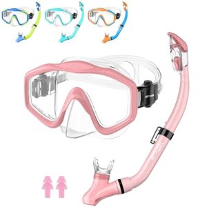 HiiPeak Snorkeling Gear for Kids, Goggles with Nose Cover, Dry Top Snorkel Set for Ages 5-15 Pink