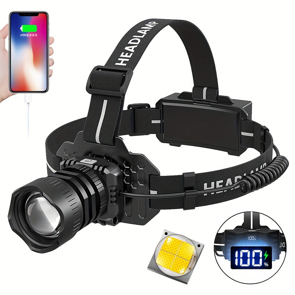 TEMU 1/2pcs Led Rechargeable Headlamp, 5 Lighting Headlamp With Red Light Warning Lights, 90° Adjustable Running Headlamp, Hunting Headlamp For