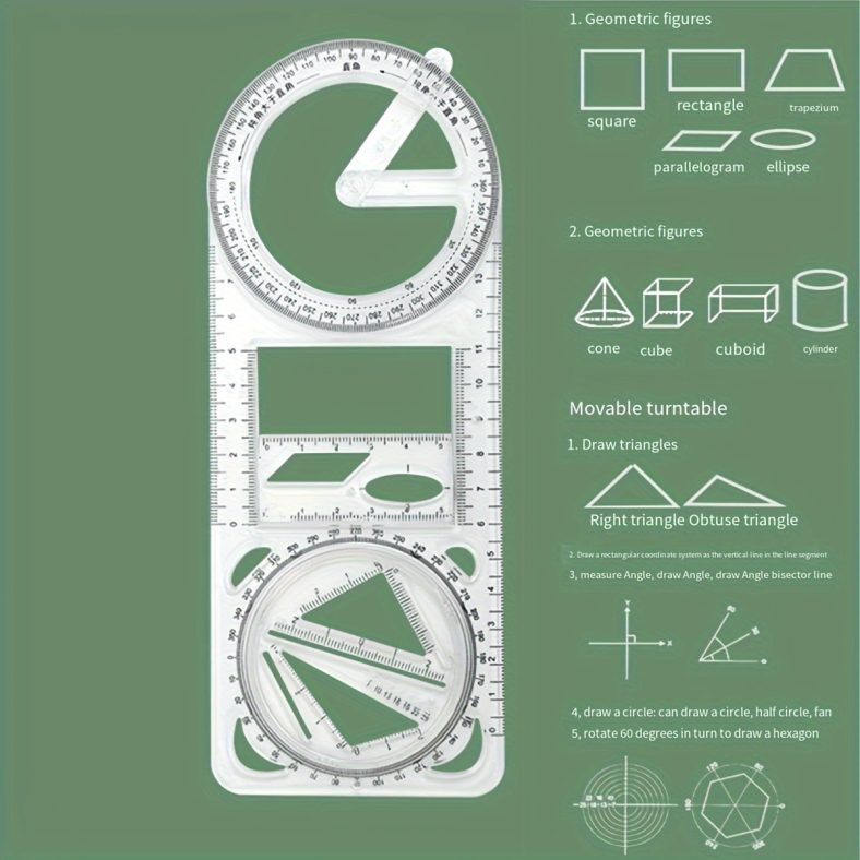 TEMU 1pc Math Multi-functional Drawing Ruler, Geometric Ruler Function Ruler Triangular Ruler Protractor