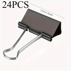 TEMU 24pcs Extra Large Black Binder Clips - 1.22 Inch Durable Metal Paper Clips With Strong Spring Mechanism And Metal Rings For Office Organization,