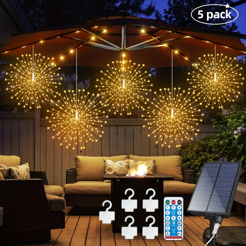 TEMU 5-pack Led Solar Starburst Fireworks Lights With Remote Control Timer – 480 Led Outdoor Fairy Lights, 8 Adjustable Ip65 Hanging Lights