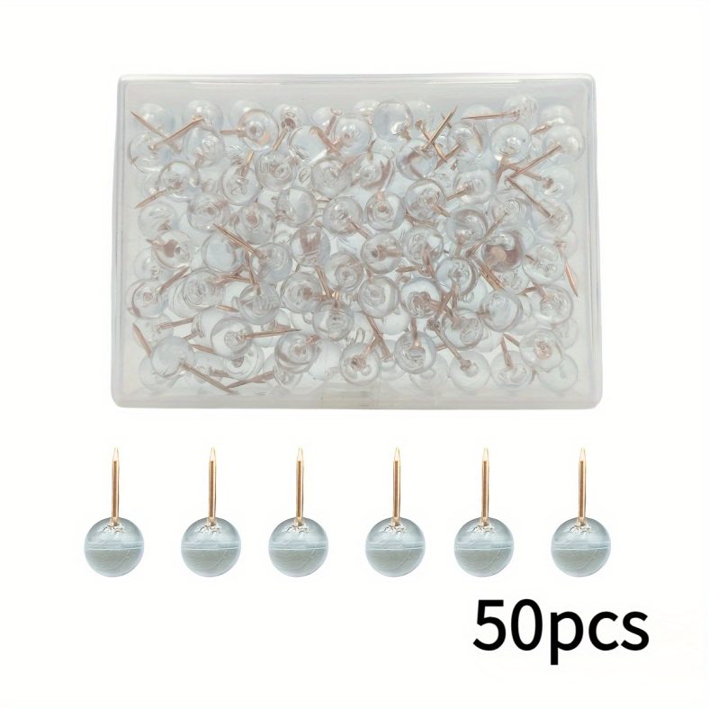 TEMU 50pcs Transparent Push Pins With Plastic Box, Round Head Pins, Corkboard Push Pins, Transparent Large Head Pins, Drawing Board Fixing Pins,
