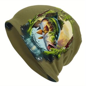 TEMU Men's Bass Fish Graphic Beanie Hat - Funky Fishing Design, , Durable For & Fishing Enthusiasts, Fishing Hat, Angler Accessories, Fashionable