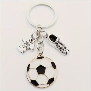 TEMU Men's Soccer Player Keychain - Cartoon Soccer Ball & Cleats Design, White With Black Accents, Durable Metal Key Ring For Sports Fans, Easter