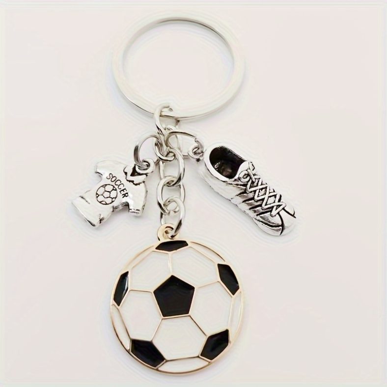 TEMU Men’s Soccer Player Keychain – Cartoon Soccer Ball & Cleats Design, White With Black Accents, Durable Metal Key Ring For Sports Fans, Easter