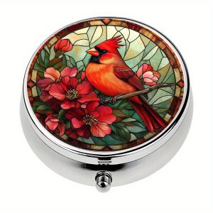 TEMU 1pc Bird & Floral Metal Pill Box With 3 Compartments – Vibrant Stained , Food- Organizer, Compact Travel Wallet For Vitamins & Supplements,