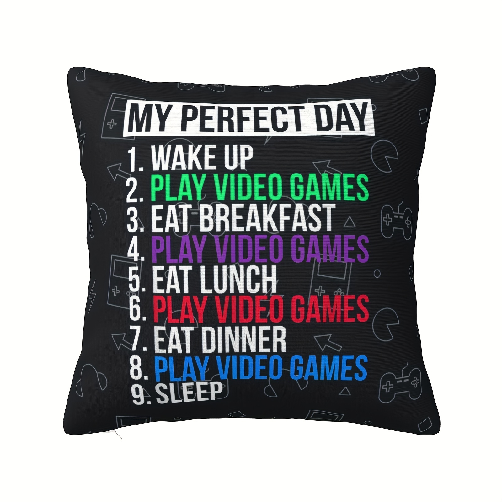 TEMU 1pc Game Enthusiast Pillow Cover - 18x18 Inch, Colorful Video Design With Playtime , Play Video Games List, Polyester Fabric, Black Background