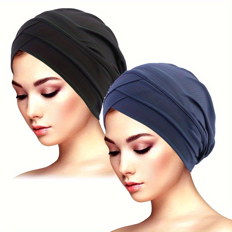 TEMU 2pcs Stretchy Double Turban Caps - Polyester, Chemotherapy & Personal Care
