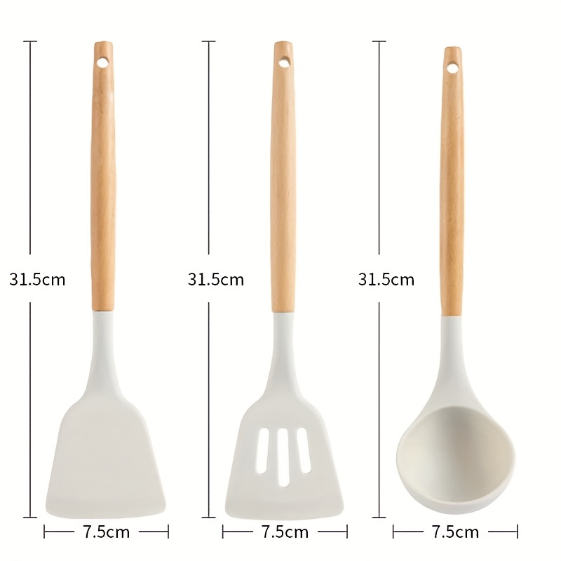 TEMU 3pcs White Silicone Kitchenware Cooking Utensils Set Wooden Handle Spatula