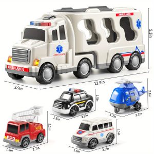 TEMU Emergency Vehicle Playsets For Toddlers Aged 3 To 6, Featuring A 5-in- Truck Carrier With Friction Power, Lights, And Sounds, Perfect As A