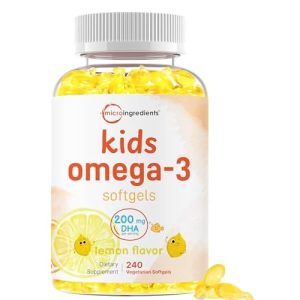 Kids Omega-3 Fish Oil, 240 Veggie Softgels | Vegan Omega 3 with 200mg DHA | Lemon Flavored | Fish Oil Alternative from Algae Oil | No Fishy Smell or A