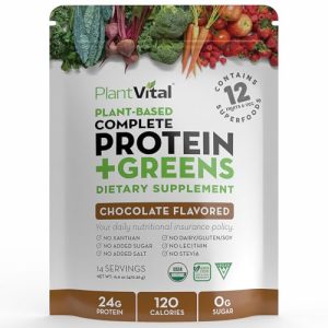 PlantVital Vegan Protein Powder Plant Based, Organic Protein Powder Chocolate, 24g/0g sugar, 12 Superfoods, Veggies, Probiotics, Raw Cocoa, Kale, Beet