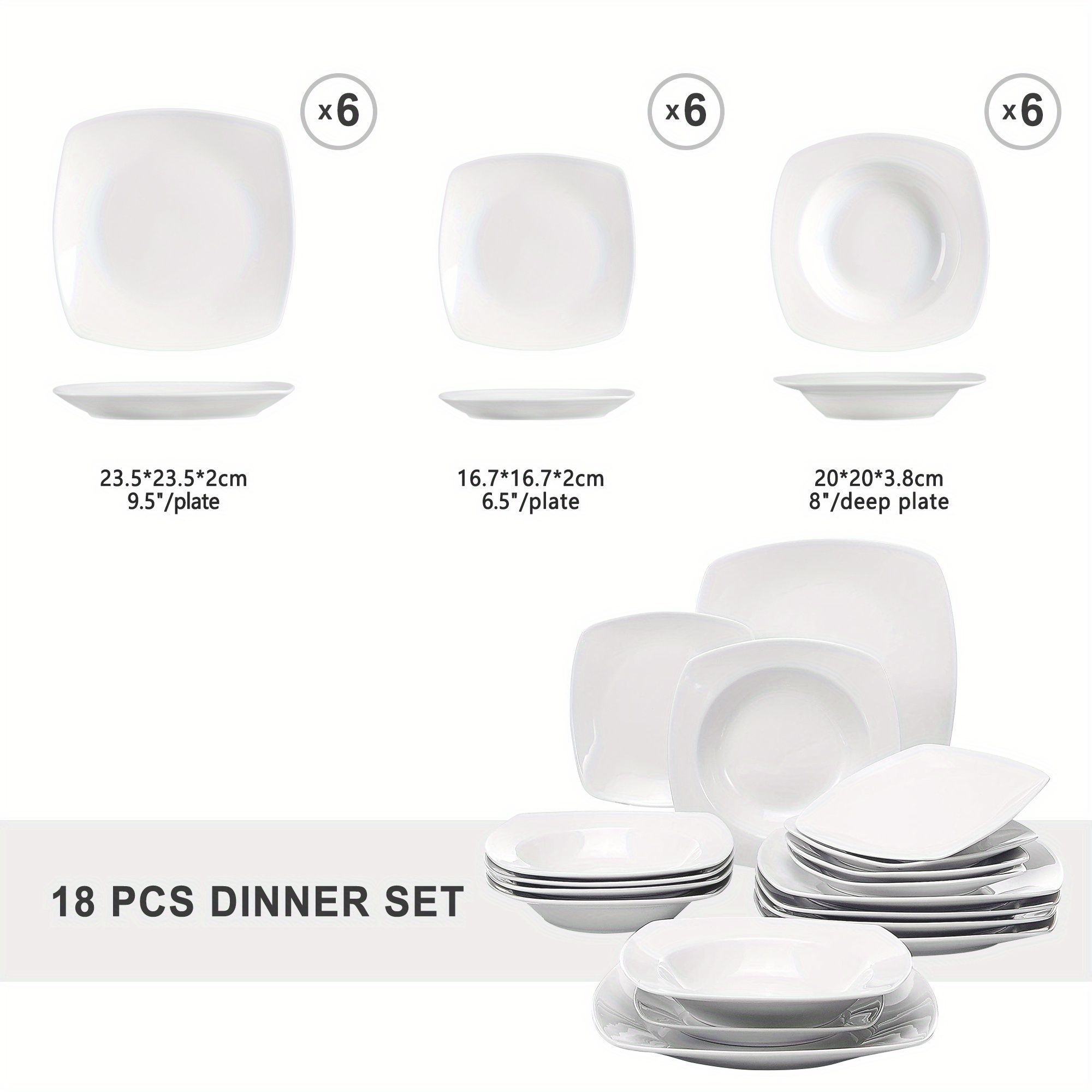 TEMU 18pcs Dinner Sets Porcelain Square Sets With 6pcs Dessert Plates 6pcs Soup Plates And 6pcs Dinner Plates