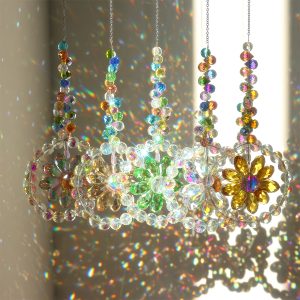 TEMU 5pcs Of Circular Flower Sunflower Glass Sunshade Umbrellas, Sunshine Wind Chimes, Wedding Home Decoration Car Hanging Sunshade Umbrellas,