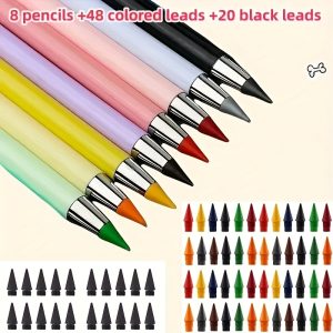 TEMU 76pcs Set: 8 Pencils + 48 Colored Leads + 20 Black Leads, Pencils With Built-in Eraser, Eternal Pencils, Hb Pencils, Colored Pencils, Ideal For
