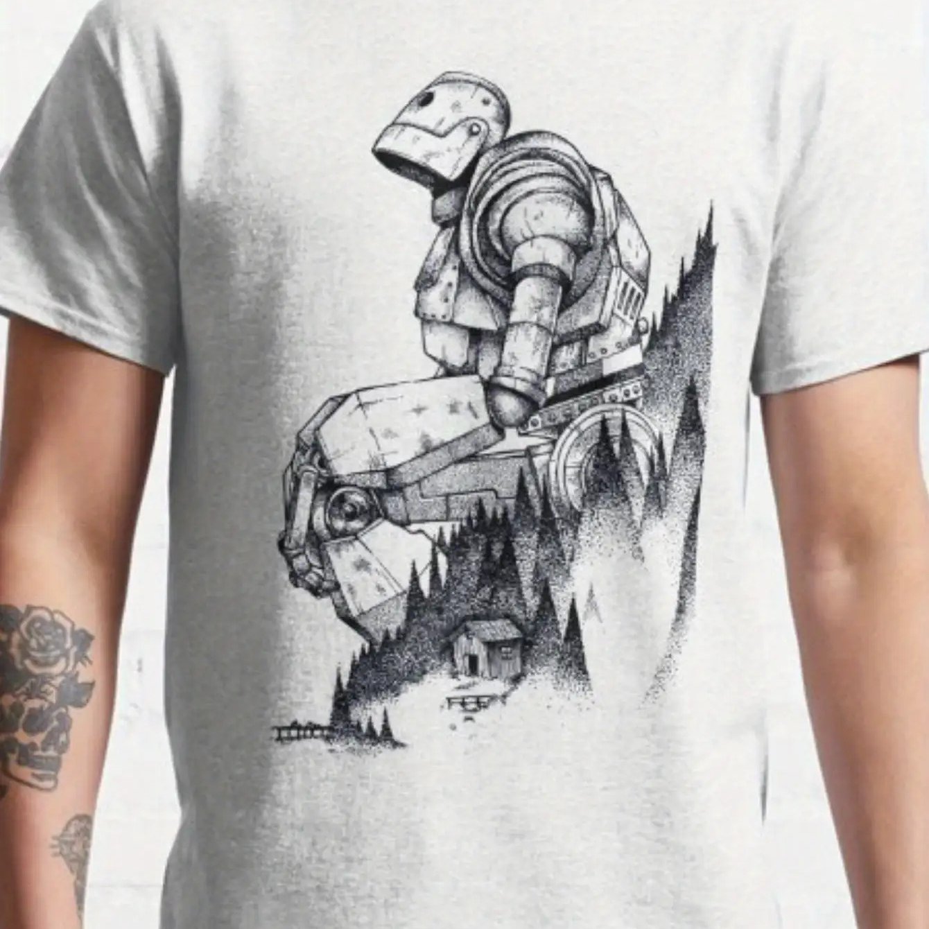 TEMU Classic Pattern Men'S T-Shirt - Light Gray, Regular Fit, Robot And Forest Design Movies, , Hand Wash/.