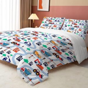 Construction Comforter Set Full: Cartoon Cars Comforter Set for Boys Kids Teen Children White Truck Bedding Bedroom Dorm Quilt 1 Comforter + 2 Pillow