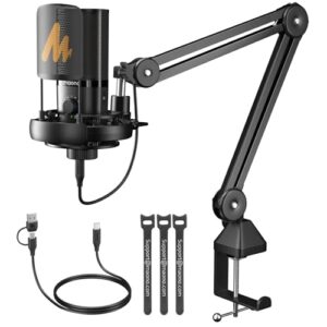 MAONO USB Condenser Microphone-Studio Mic with Shock Mount, Boom Arm, Software, Mute, Gain Knob, Volume Control for Streaming, Recording, Singing, Pod