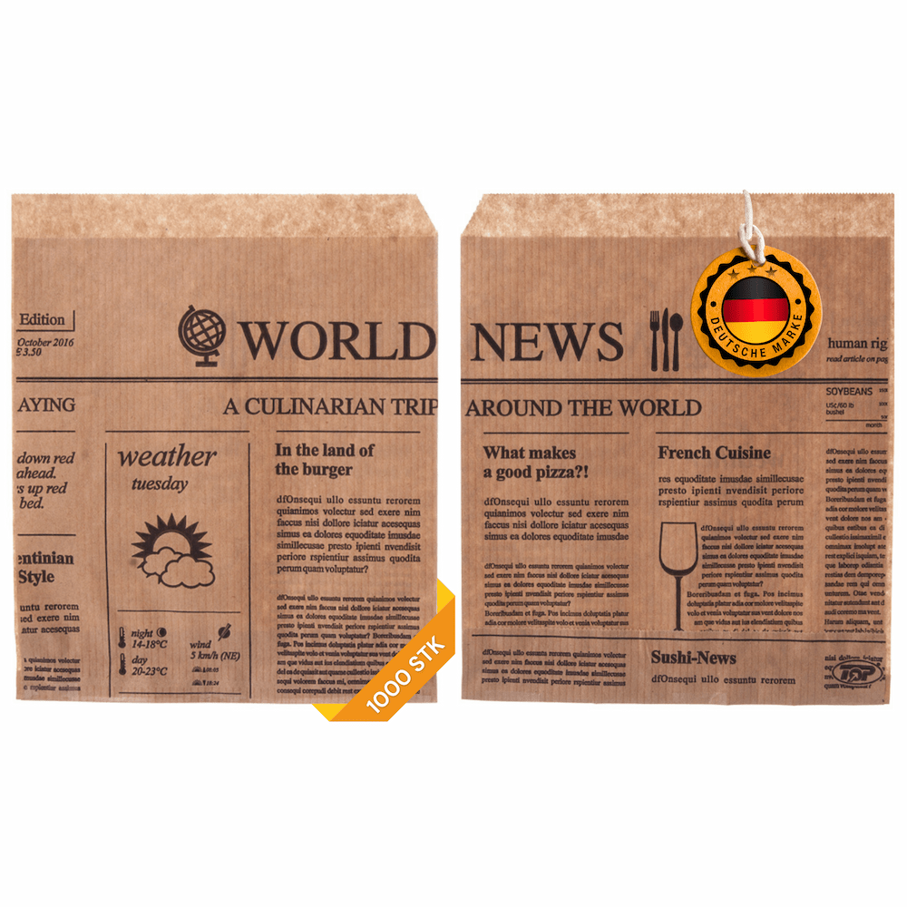TEMU 1000 Snacktaschen/Hamburgertaschen Newspaper, 2-seitig offen, 16x16cm, groß, Kraftpapier - braun Newspaper