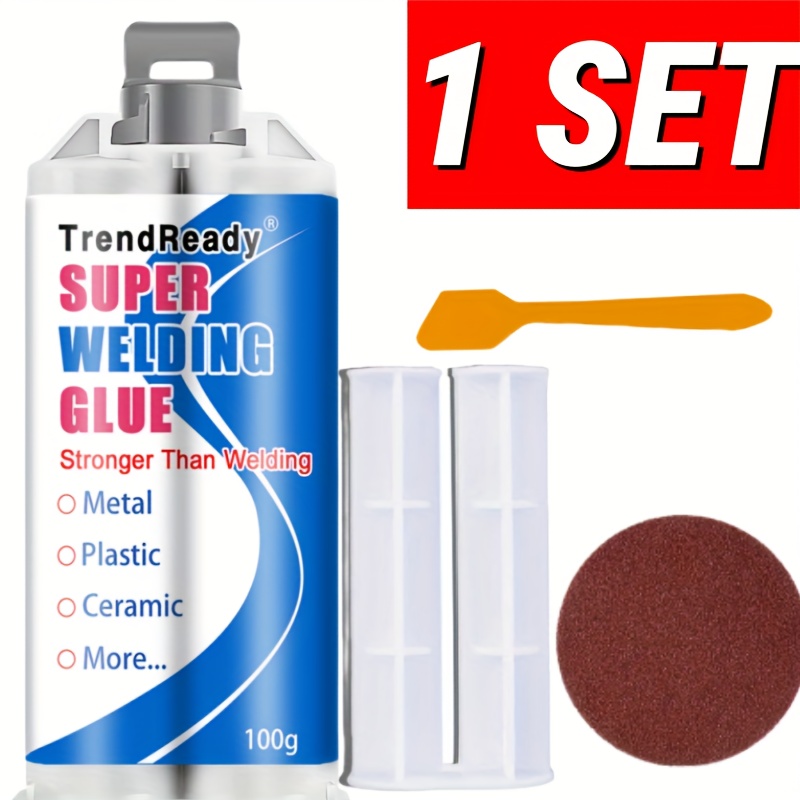 TEMU 100g Heavy Duty Casting Glue | 2-in-1 Liquid Welding Glue High Strength Glue Includes Frosted Paper, Thrust Rod & Mixing Stick | Oilproof Metal