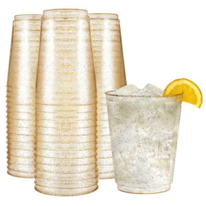 TEMU 10 Oz Gold Glitter Plastic Cups For Party -50 Pack Disposable Plastic Glasses, Heavy Duty