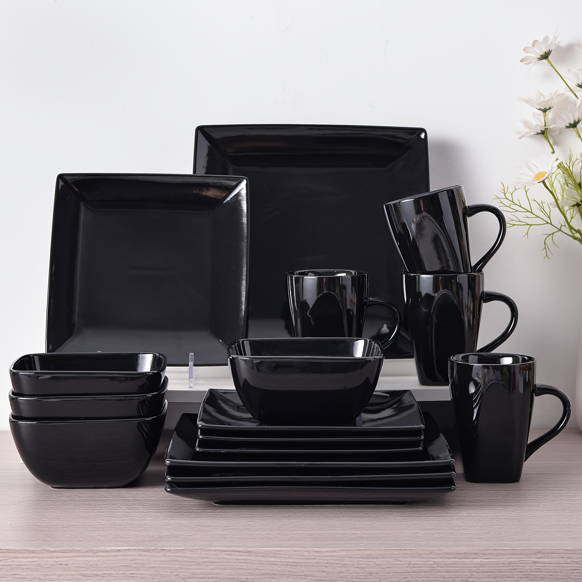 TEMU 16pcss Plates And Bowls Set, Black Dinnerware Set For 4, Dinner Set 16pcs Square Plates Set With Dinner Plates, Dessert Plates, Bowls And Mugs