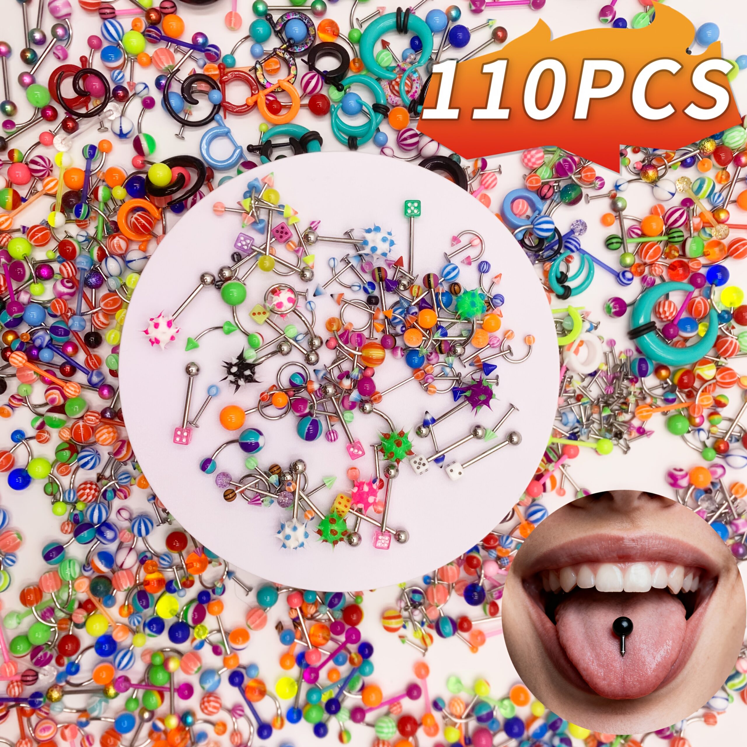 TEMU 2026 New Release, 110pcs Random Color Body Jewelry Set, Styles Labret Barbell Earrings Tunnel Piercing Body Jewelry, Including Eyebrow Rings,
