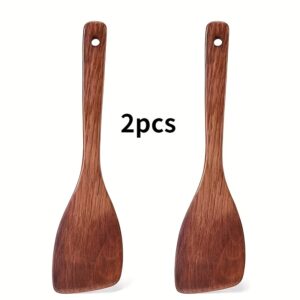 TEMU 2pcs Wooden Cooking Spatula Set, 13-inch Long Handle Wooden Spatula, Flat Design, Frying Pan Spatula, Kitchen Stir-fry Spatula, Wooden Spatula,