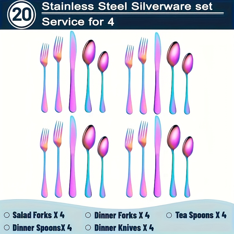 TEMU 60/20pcs Stainless Steel Rainbow Silverware Set - Heavy Duty Commercial Silverware For Restaurants, Weddings & Home | Dishwasher Safe,