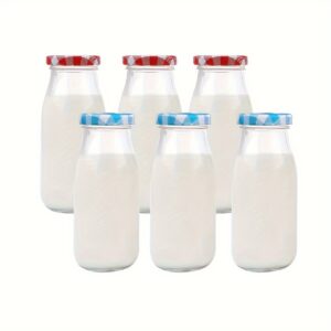 TEMU 6/8/12pcs, Glass Milk Bottle With Lid - Red, Blue Lid - Juice Storage And Distribution Bottle Set, 8oz Glass Bottle With Lid, Milk Juice Bottle