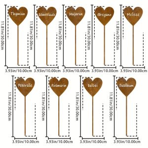 TEMU 9 Stück Glitzernde Metall-Herzförmige Garten-Schilder - "Salbei, , Majoran, Oregano, Basilikum, Schitteluch, , Rösmarin, Petersilicum" -