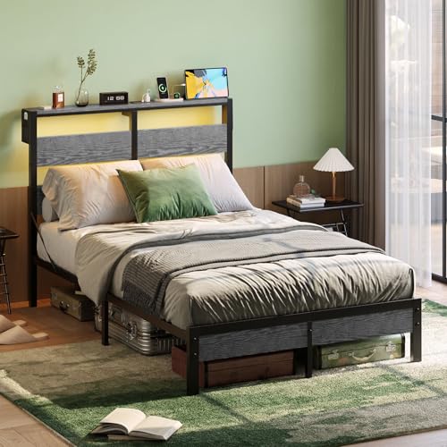 Bestier Full Bed Frame with Headboard Storage and Charging Station, Platform Bed Frame with LED Lights, Non-Slip Metal Bed Frame Full Size, Noise-Free