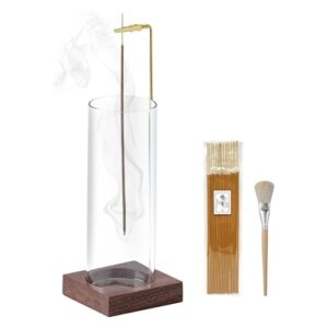 Ceremony Incense Holder, Wooden Incense Holder for Sticks with Glass Ash Catcher, Anti-ash Incense Burner with 20 Incense Sticks and a Ash Brush for M