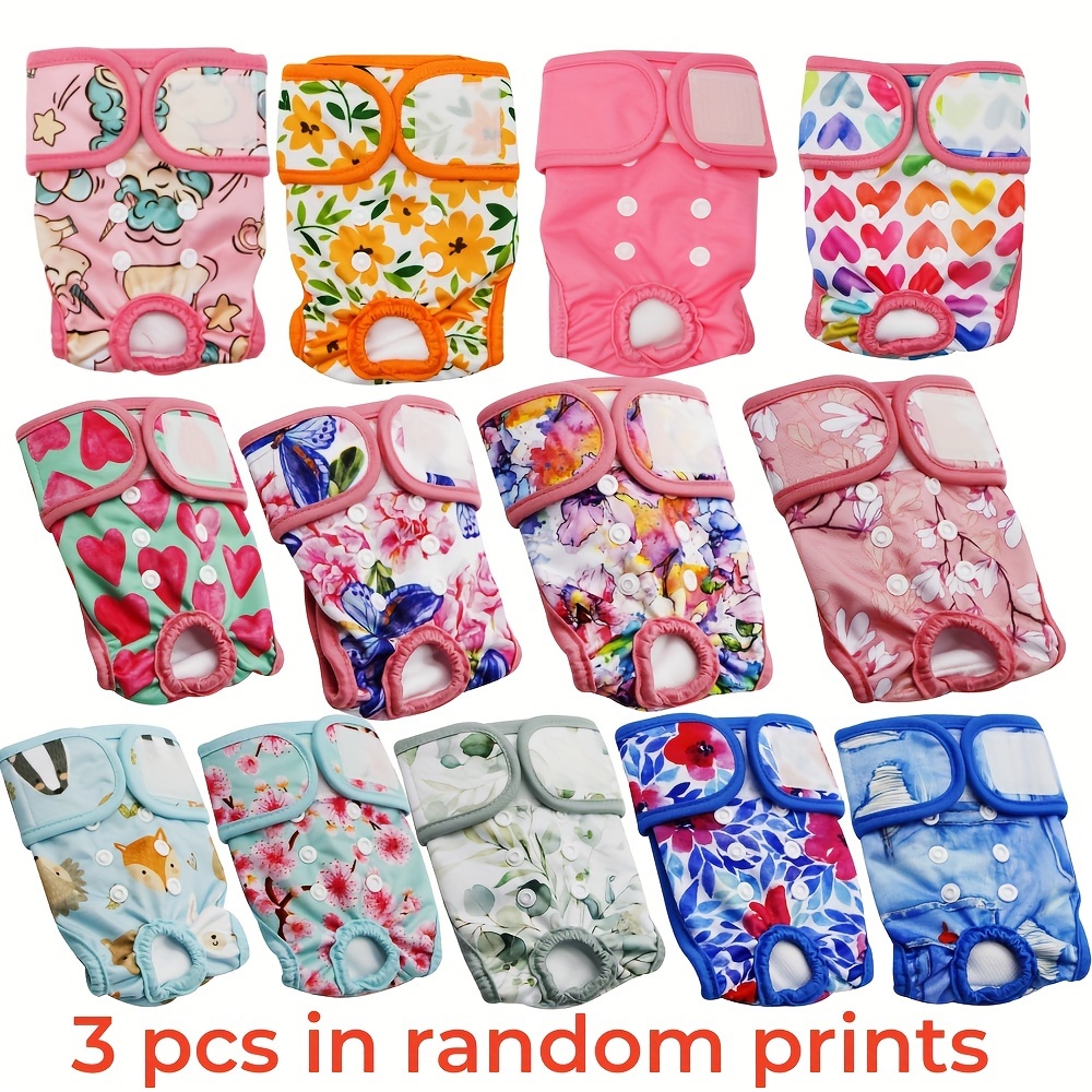 TEMU 3pcs Random Prints Cute Cartoon Graphic Washable Female Dog Diapers Reusable High Absorbency Puppy Diapers Girl Dog Diapers