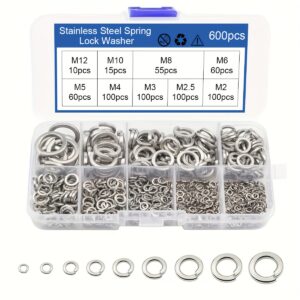 TEMU 600pcs Stainless Steel Elastic Locking Washers Open Washers, Stainless Steel Washers, Locking Washers, Anti-loose Spring Washers Set M2 M2.5 M3