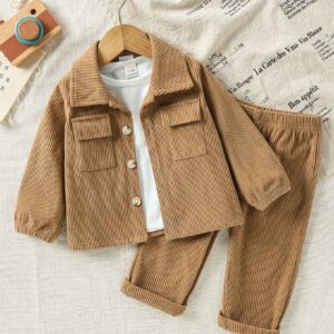 TEMU Autumn And Winter Baby Boy Pants Set Baby Boy Clothes Corduroy Striped Textured Jacket + Pants Trendy Set, For Outdoor