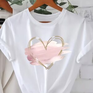 TEMU Heart Print T-shirt, Casual Round Neck Short Sleeve Top, Pure, Local Delivery, Pure, Local Delivery