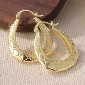 TEMU Oval-shaped Golden Hoop Earrings With Intricate Hand-carved Designs