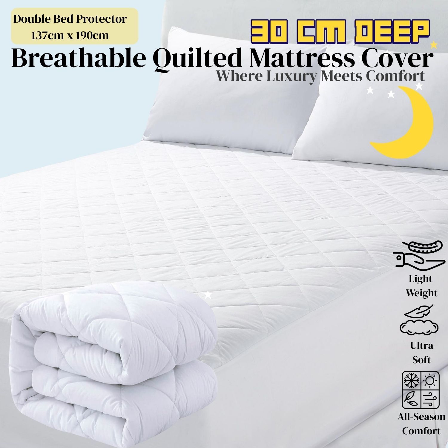 TEMU Quilted Mattress Protector White | Deep Fitted Mattress Cover With Elastic Corners | Soft Quilted Mattress Protector For Single, Double, King &