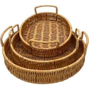 TEMU Rattan Round Serving Tray With Handles, Set Of 3, Hand-woven Wicker Tray, Rattan Tray,rustic Decorative Tray For Serving Food, Crackers,