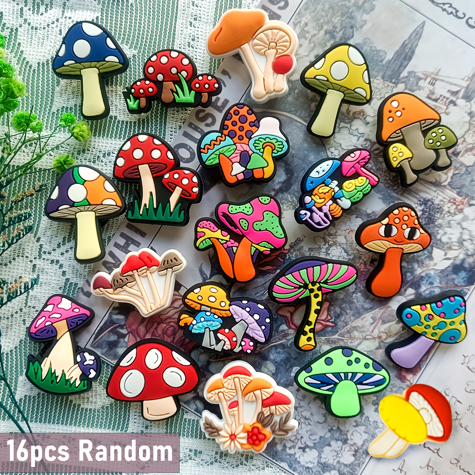 TEMU 16pcs Random Mushroom Series Shoe Charms, Colorful Mushrooms, Green Mushrooms, Mushroom Shoe Accessories, Suitable For Clog Shoes, Diy