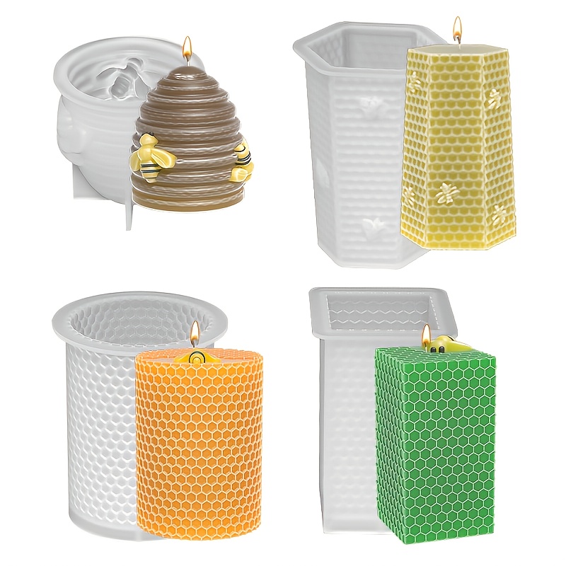 TEMU 4pcs Cylindrical Candle Silicone Mold Set, 3d Honeycomb Design, 3d Candle Mold Honeycomb Candle Making Kit, Diy Candle Making Kit, Craft