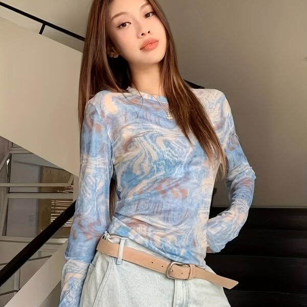 TEMU Women's Retro Tie-dye Thin Long Sleeve Base Layer Shirt, Comfortable Breathable Mesh Fabric